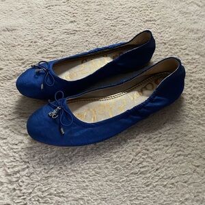 SAM EDELMAN Classic Comfy Cute “Felicia” Blue Raw Silk Fabric & Leather Flats 6M